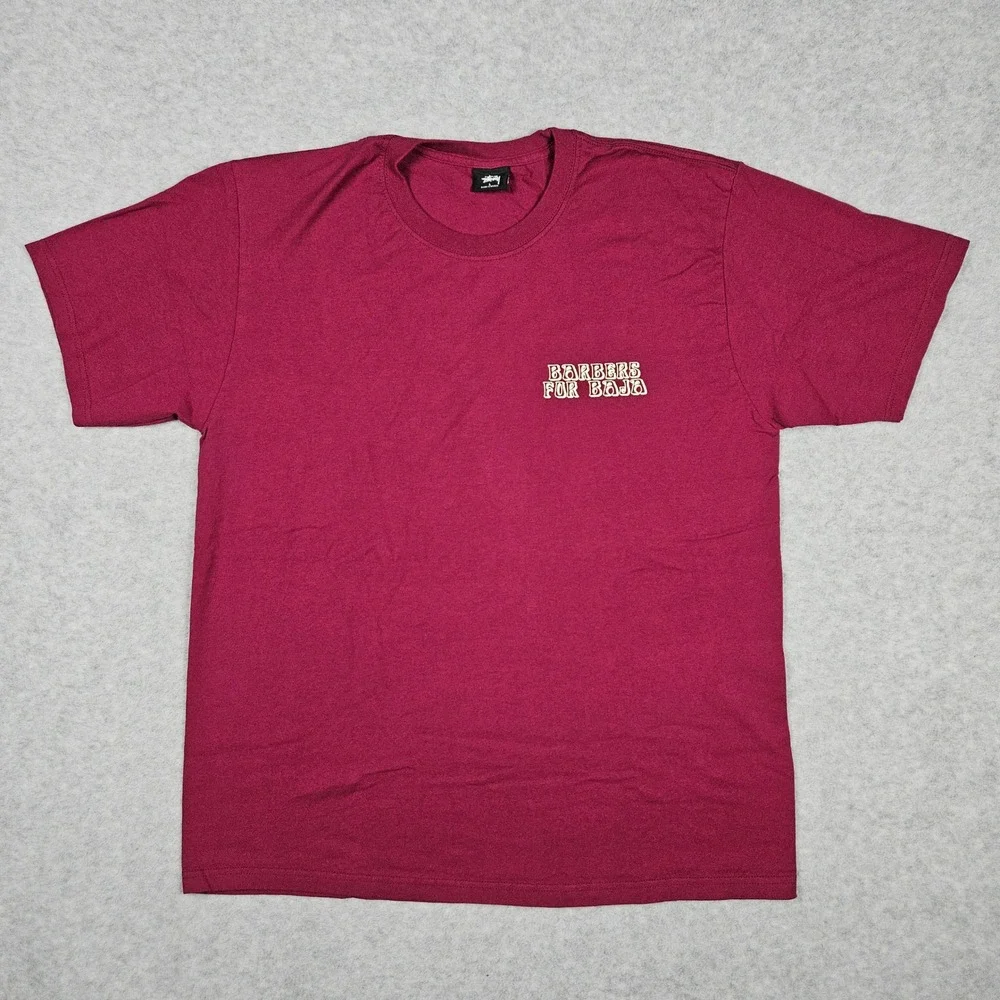 Stussy Men's Large Burgundy T-Shirt Barbers For Baja Viva Mexico Streetwear Tee